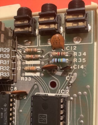 My ZX80 board, showing video circuitry resistors