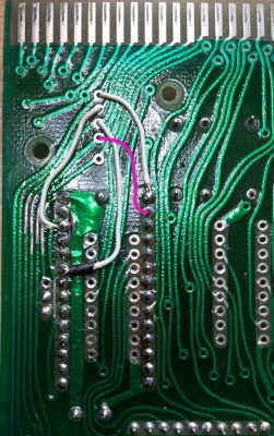 Bottom of ZX81 PCB showing wiring and added A14 wire