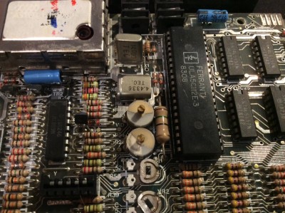 U.K. issue 2 ZX Spectrum board #2, close up showing ULA and crystals